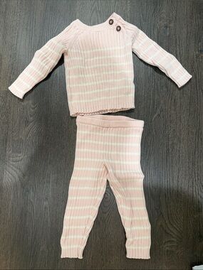 Soft Pink Striped Kids Matching Set - Cozy Knit Top & Pants